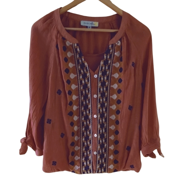 Figueroa & Flower Lulu Rust Embroidered Peasant Blouse Sz M - Picture 3 of 6